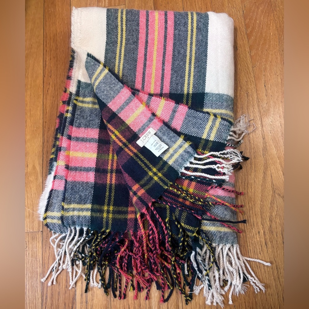 J.Crew Plaid Blanket Scarf Pink Blue Yellow Oversized Wrap